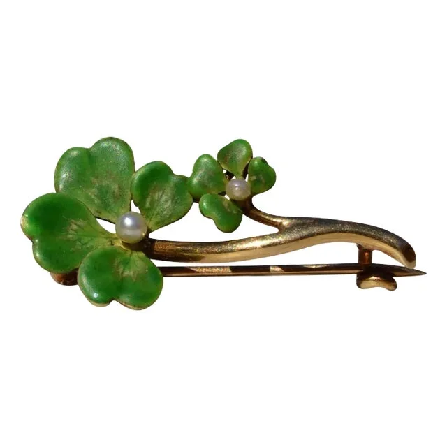 Ladies Signed Vintage 14K Yellow Gold Brooch set with Seed Pearl