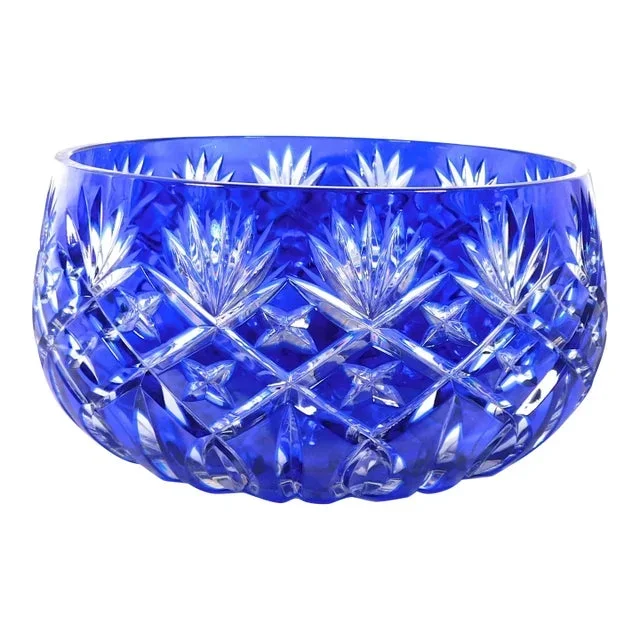 Large 1930s Signed Blue Cut to Clear Bowl
