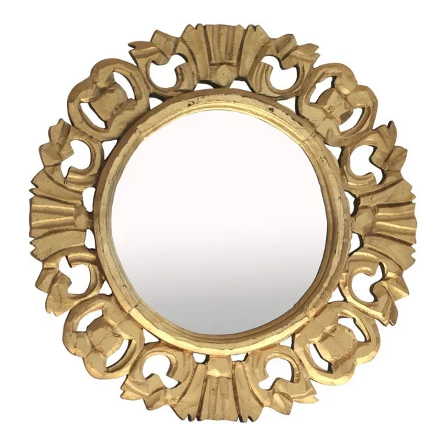 Large 1960s Carved Wood and Gold Round Mirror