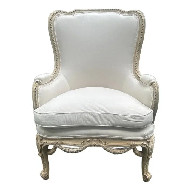 Large 19th Century Louis XVI Stripped Bleached Carved Upholstered Arm Chair