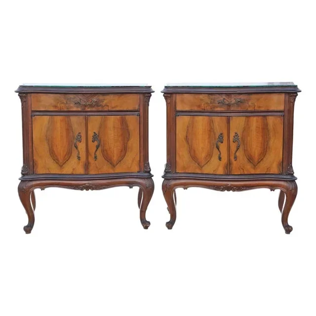 Large Antique Figured Walnut Bedside Tables, 1925, Set of 2