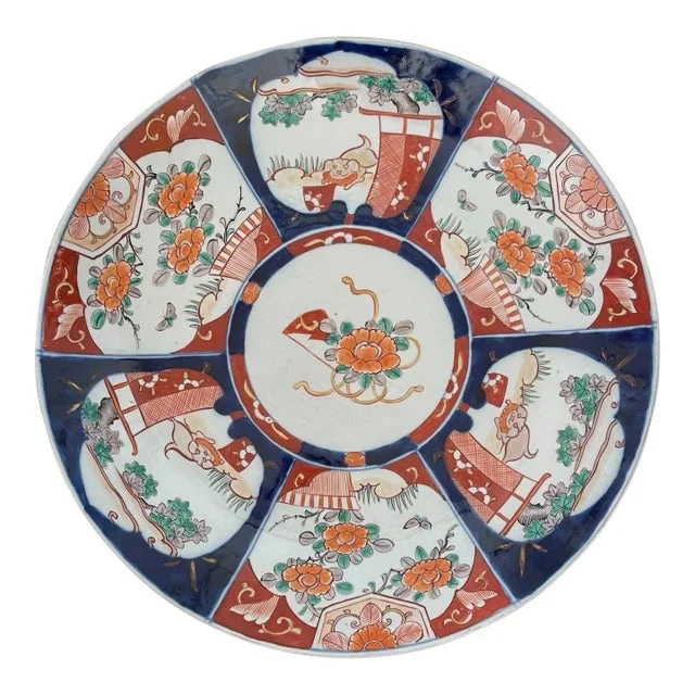Large Antique Japanese Imari 18″ Charger Platter 6 Panel. Hand Painted