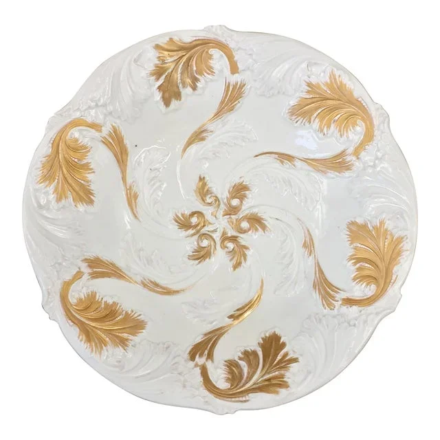 Large Antique Meissen Porcelain Relief Gilt Decorated Plate/Bowl (Germany, Mid 1800s)