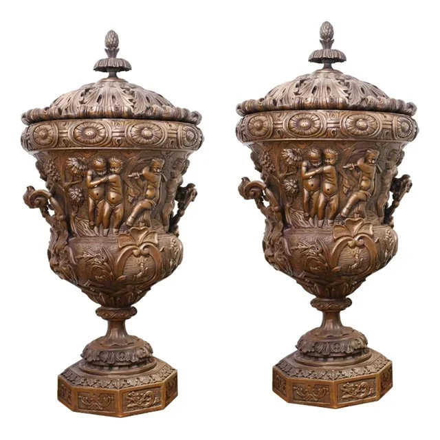 Large Bronze Urns Monumental Campana Cherub attributed to Clodion, Set of 2