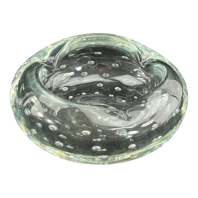 Large Mid-Century Murano Style Glass Controlled Bubble Clear Ashtray Bowl