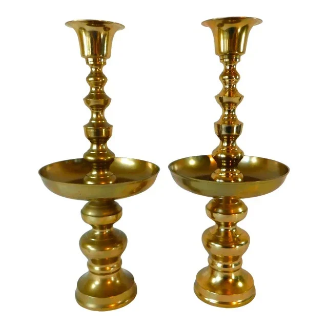 Large Pair Vintage Mid Century Solid Brass Candlesticks