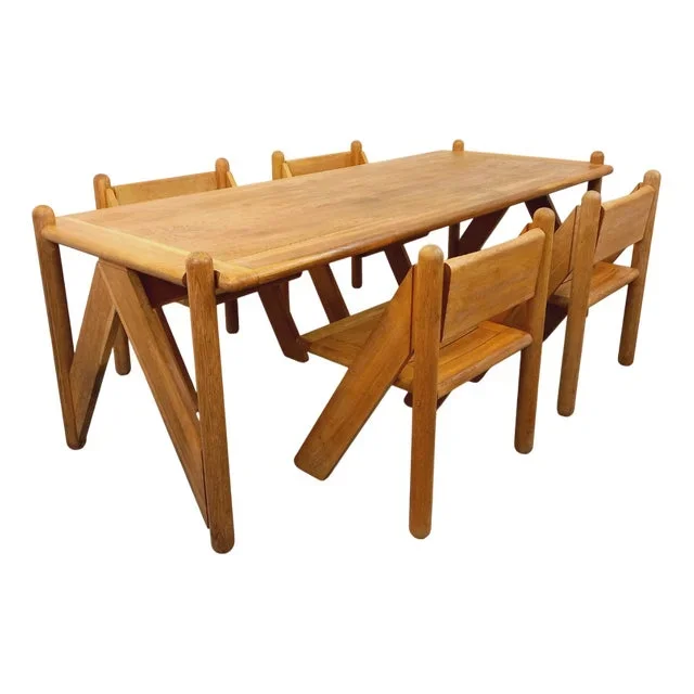 Large Rectangular Table and Brutalist Chairs in Oak, 1960s-1970s