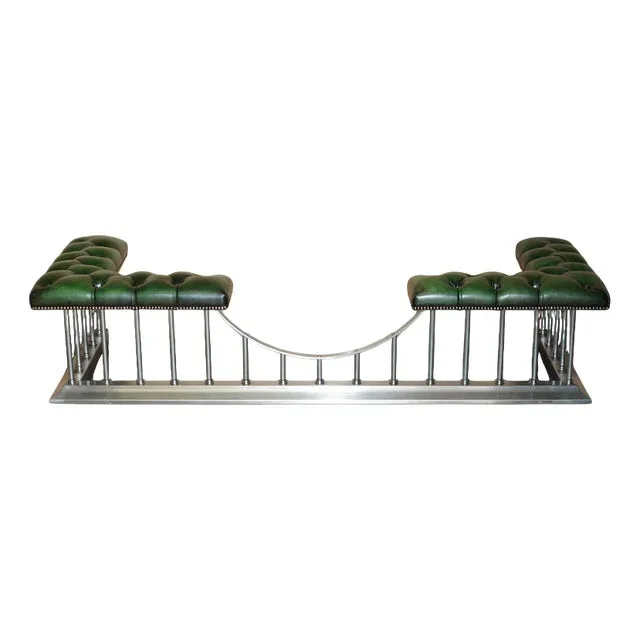 Large Regency Chromed and Green Leather Chesterfield Club Fender, 1920s