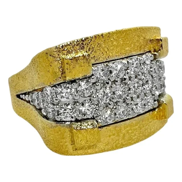 Large Scale, Textured 18k Yellow Gold, Platinum and Diamond, Architectural Ring, size 6