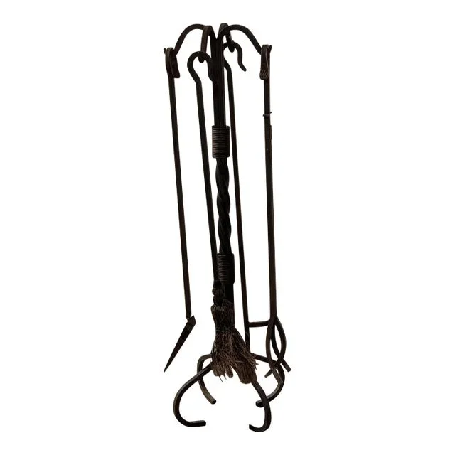 Large Vintage Cast Iron Fireplace Tools Set- 5 Pieces