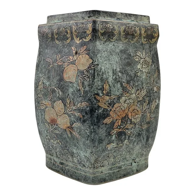 Large Vintage Faux Verdigris Hand-Painted Hexagonal Planter
