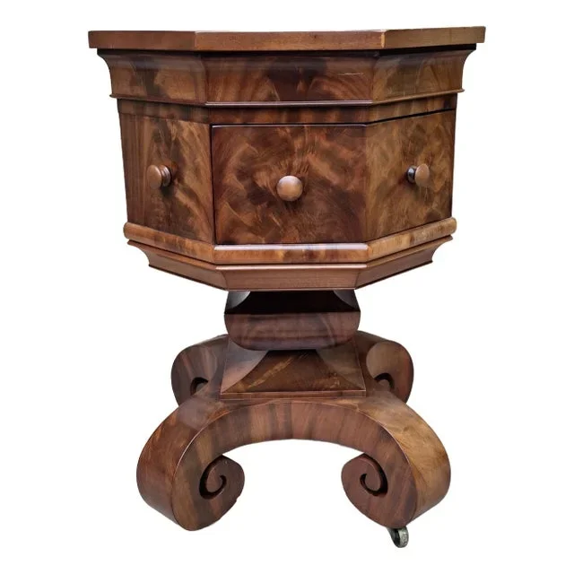 Late 19th Century American Empire Crotch Mahogany Octogonal Rolling Side Table