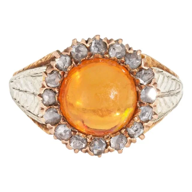 Late 19th Century Antique Victorian Fire Opal Ring Rose Cut Diamond Cluster 14k Yellow Gold Halo, Size 3
