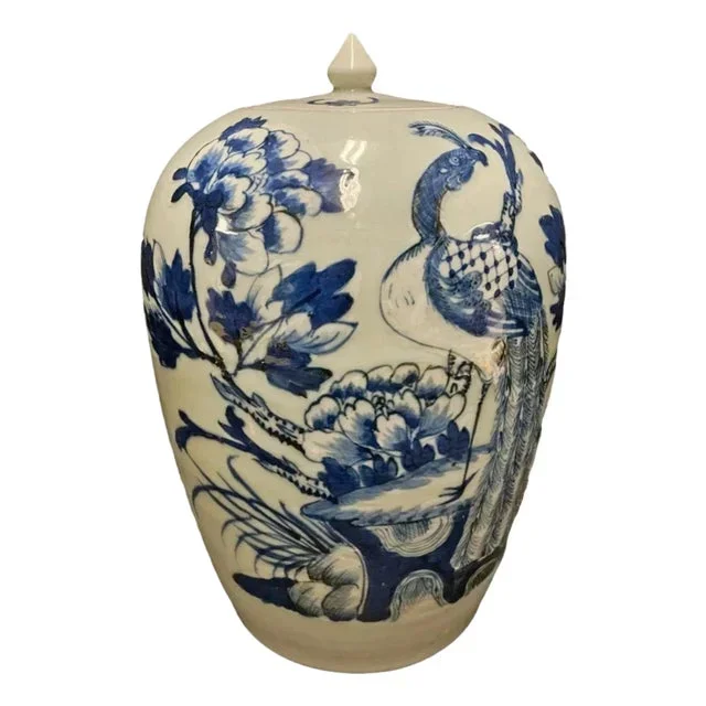 Late 19th Century Blue & White Ceramic Ginger Jar With Floral Peacock Motif