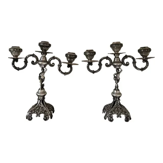 Late 19th Century Silver-Tone Metal Candelabras- a Pair