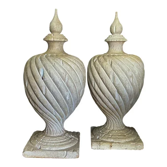 Late 20th-C. Large Scale Faux Bois Cast Garden Urns / Sculptures – Pair