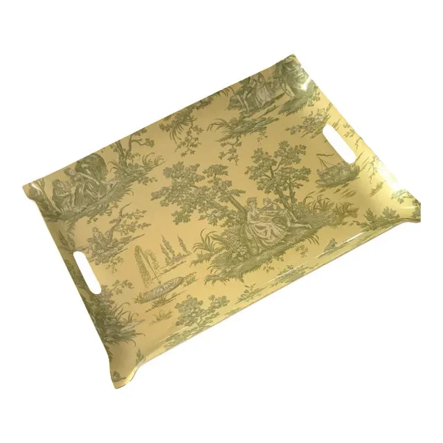Late 20th Century Acrylic Tray, With Light Yellow and Green French Toile Fabric