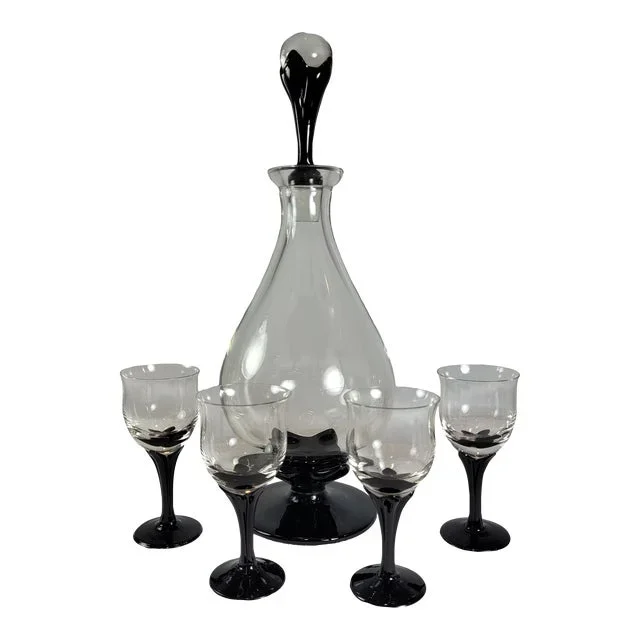 Late 20th Century Art Deco-Look Black-Stemmed Cordial Set From Italy–Set of 5