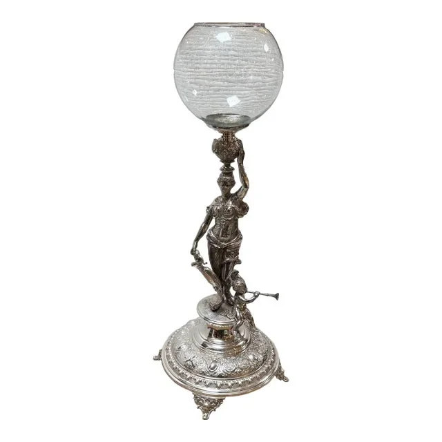 Late 20th Century Art Deco Style Pewter Centerpiece + Glass Bowl