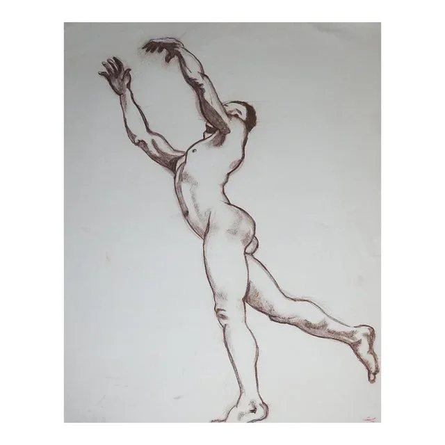 Late 20th Century Brown Chalk Dancing Male Nude Drawing