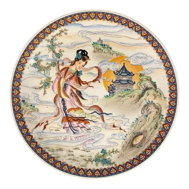 Late 20th Century Decorative Chinese Porcelain Plate Depicting the Flight of the Lady Chang’e to the Moon