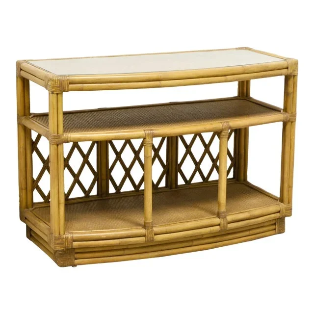 Late 20th Century Faux Bamboo, Cane & Rattan Asian Inspired Bowfront Console Table