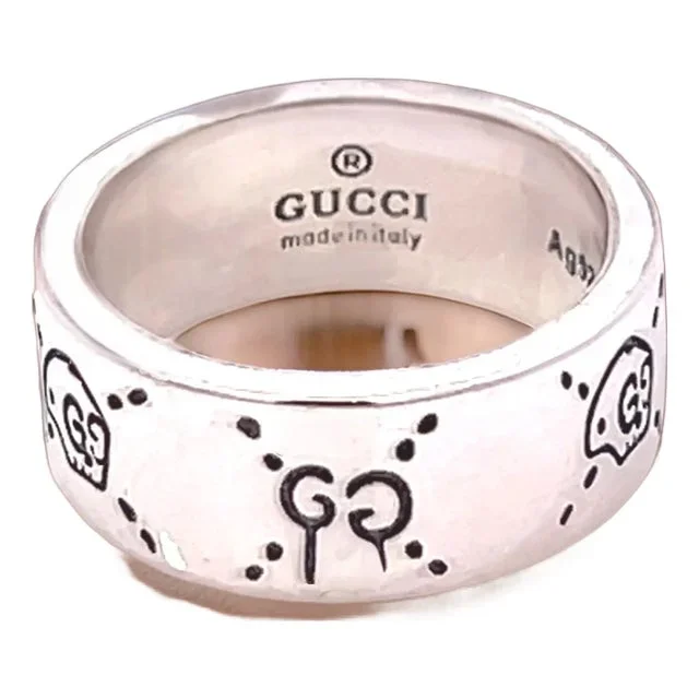 Late 20th Century Gucci Estate Engraved Ring Size 8 Sterling Silver 8.5 MM Height