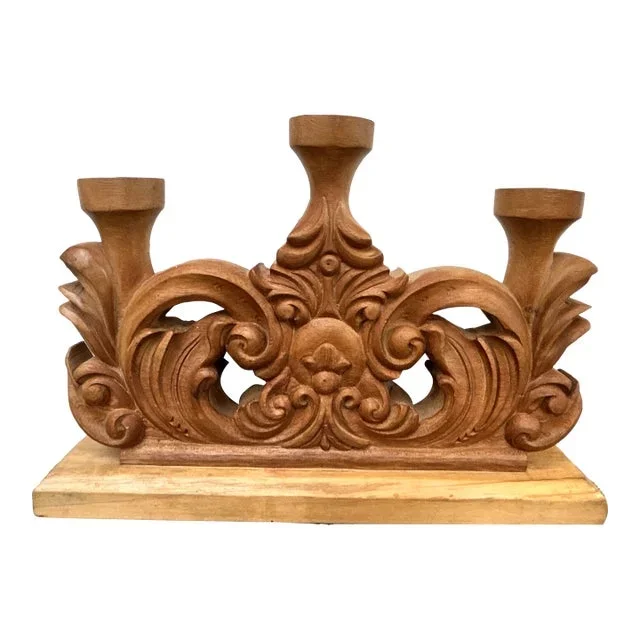Late 20th Century Hand Carved Wooden Three Candle Candelabra