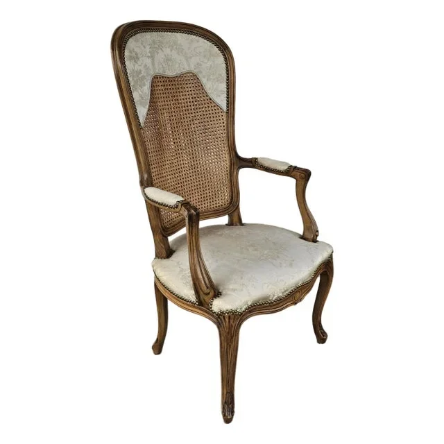 Late 20th Century Louis XV Style Brass Nail Studded, Caned and Partial Upholstered Fauteuil