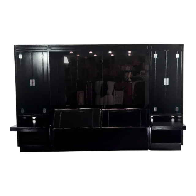 Late 20th Century Modern Campaign Henredon Black Lacquered Modular King Bed W/Side Cabinets & Back Mirror