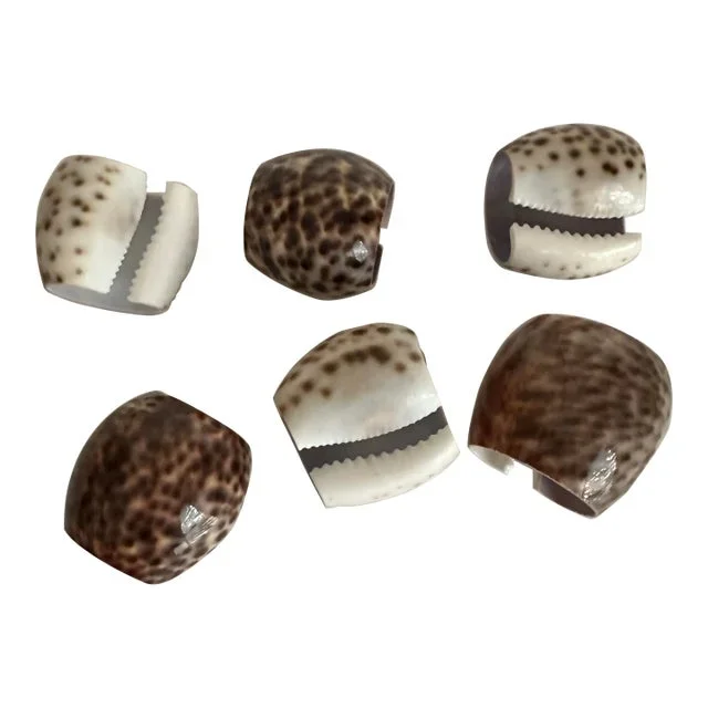 Late 20th Century Natural Tiger Cowrie Spotted Sea Shell Napkin Rings- Set of 6