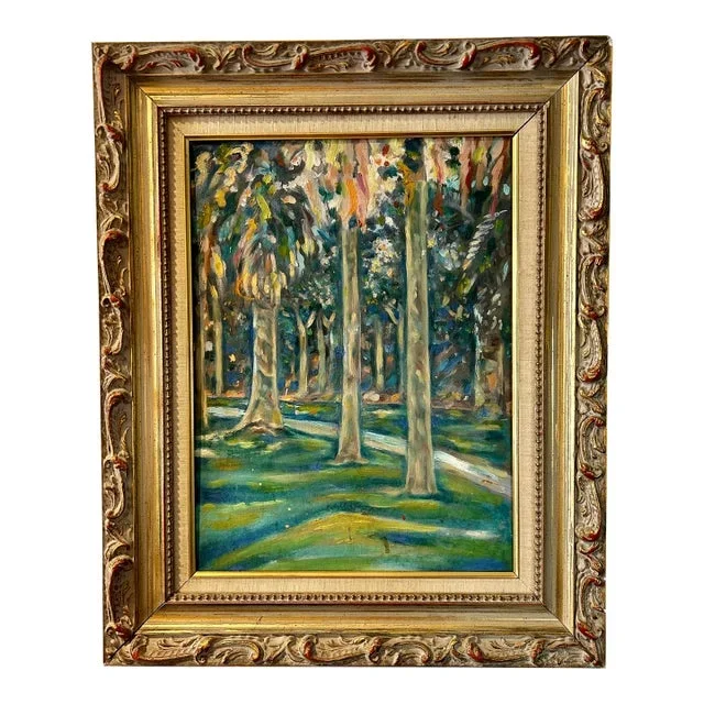 Late 20th Century Original Hollywood Regency Post Impressionist Painting a Walk in the Park, Oil on Wood, Framed