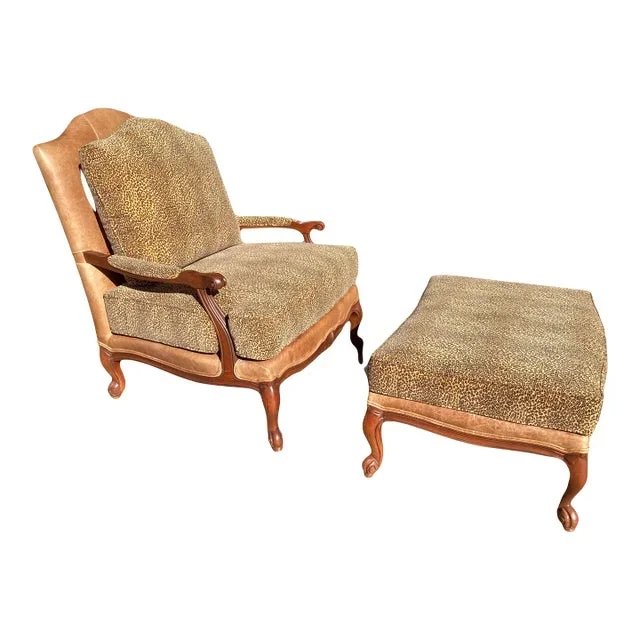 Late 20th Century Oversized Leather and Cheetah Printed Velvet Louis XVI Bergere Chair and Ottoman by Ethan Allen