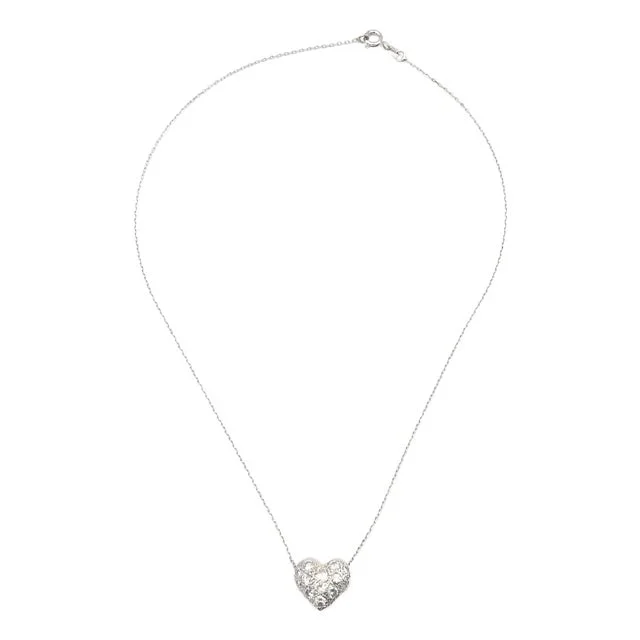 Late 20th Century Pave Diamond 14k White Gold Heart Pendant on a Sterling Silver Chain Necklace