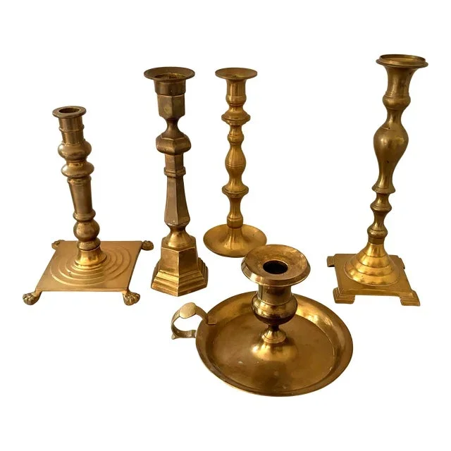 Late 20th Century Solid Brass Candlestick Holders – Set of 5