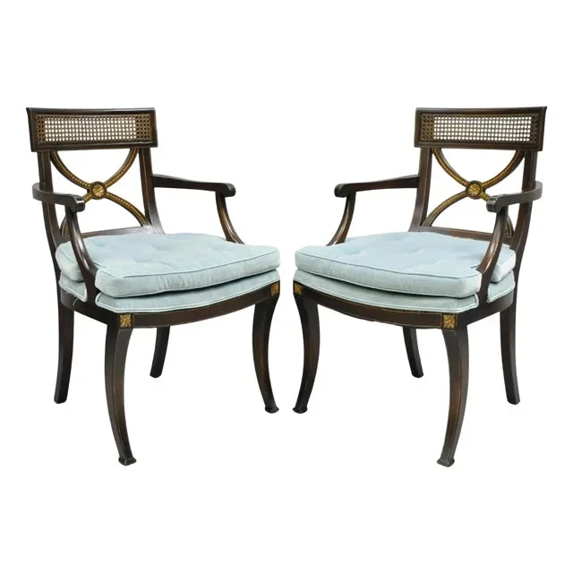 Late 20th Century Vintage English Regency Style Mahogany Saber Leg Cane Back Arm Chairs – A Pair