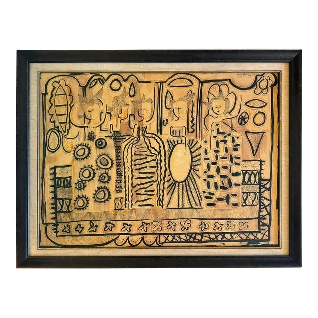 Leather Framed Drawing of Abstract Figures