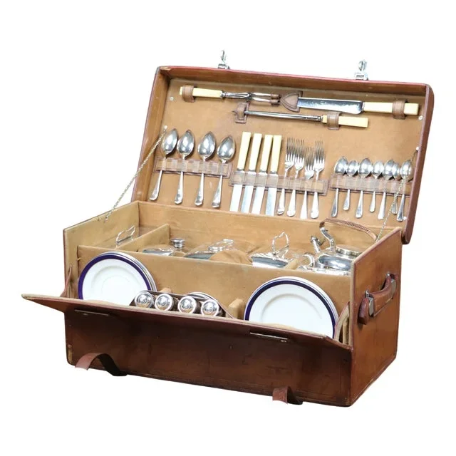 Leather Picnic Trunk, 1890s, Set of 60