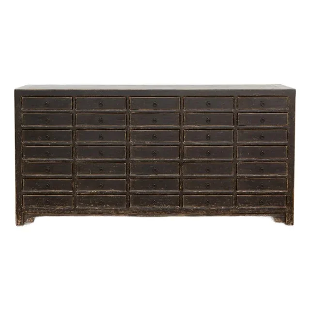 Long Painted Black 35-Drawer Apothecary Dresser