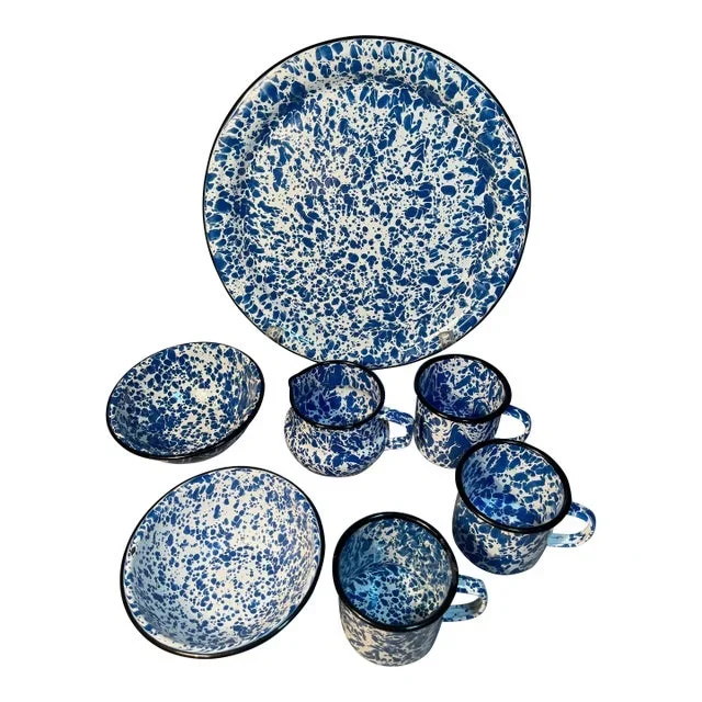 Lot 7 Enamelware Dinnerware Blue & White Rabbit Swirl Spatterware Serving Tray, Mugs, Bowls, Creamer