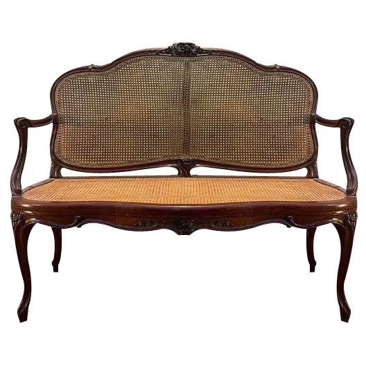 Louis XV Mahogany and Cane Bench