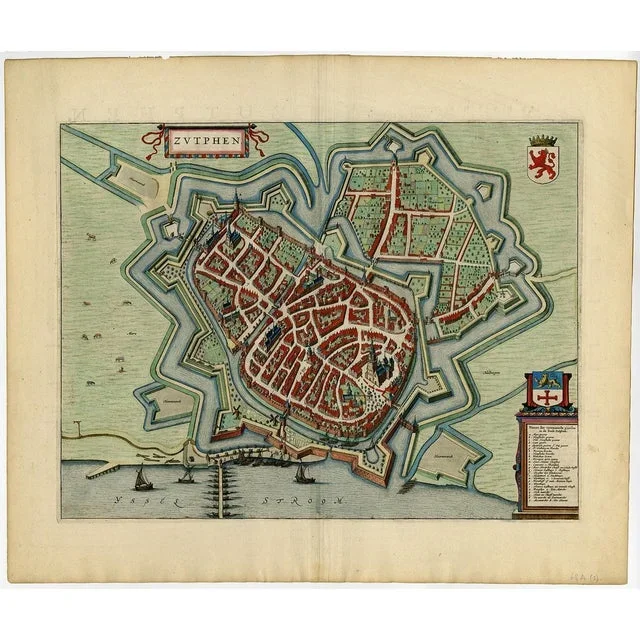 Map with Bird’s-Eye View of Zutphen in the Netherlands by Blaeu, 1649