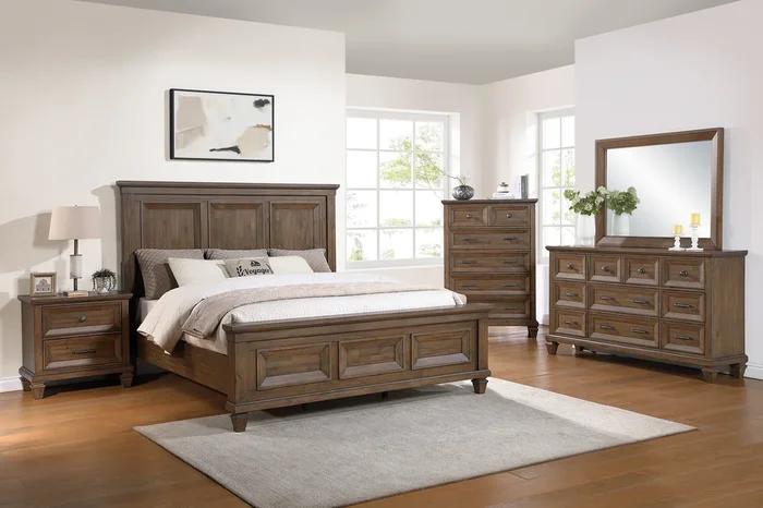 Mariana Panel Bed, Dresser, Mirror & Nightstand in Vintage Mocha, Queen