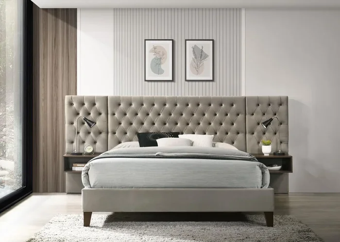 Marley Light Brown Upholstered Queen Platform Bed with Headboard Panels