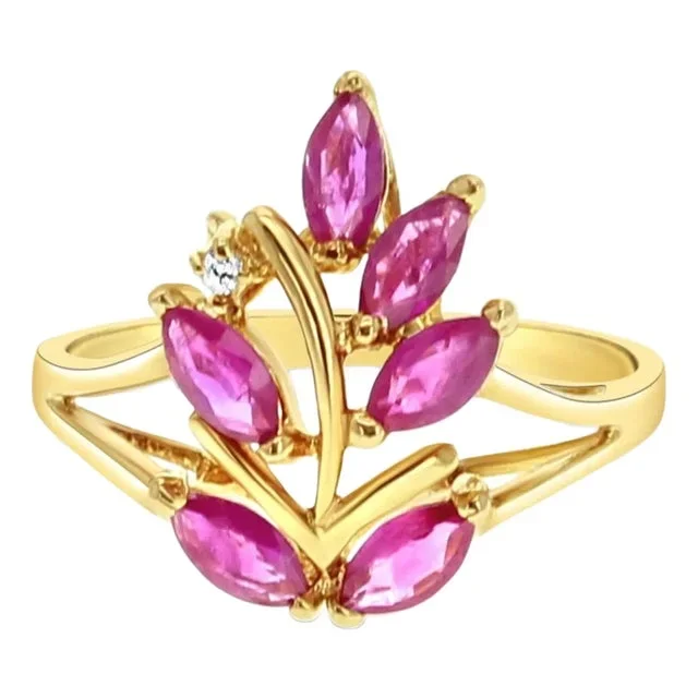 Marquise Ruby Floral Cluster Ring 14k Yellow Gold, Size 6