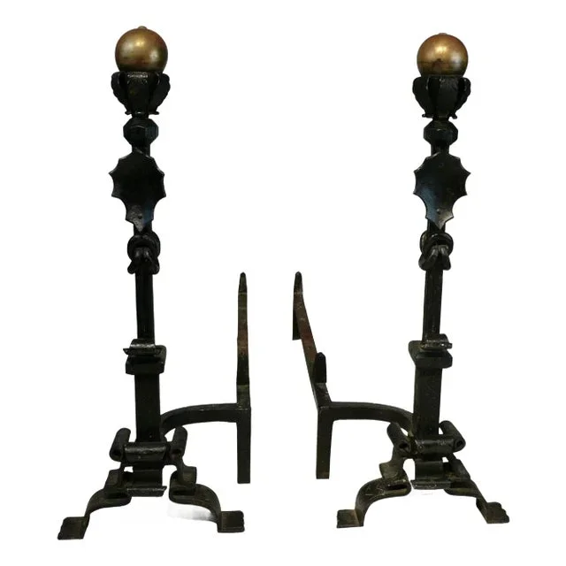 Massive Pair Wrought Iron and Brass Andirons Attributed to Samuel Yellin
