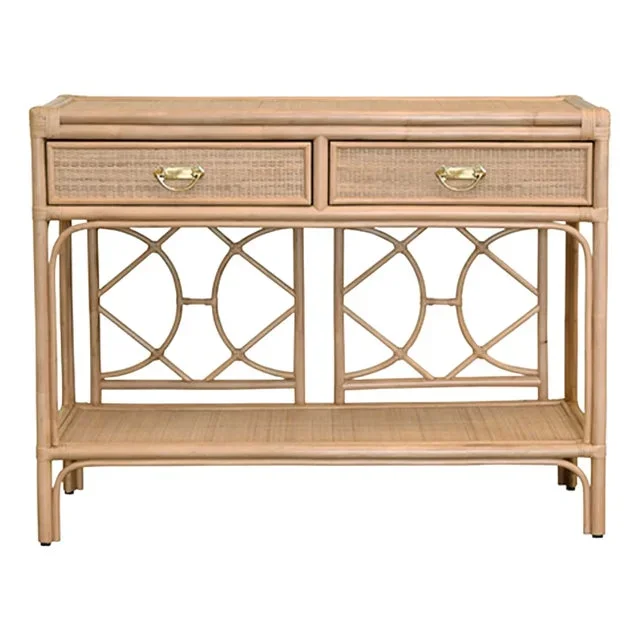 Matthew Izzo Home – Gideon Natural Rattan Tow Drawer Console Table With Decorative Back