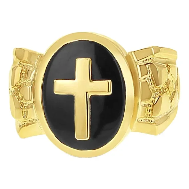 Men’s Onyx Cross Ring 14k Yellow Gold, Size 12