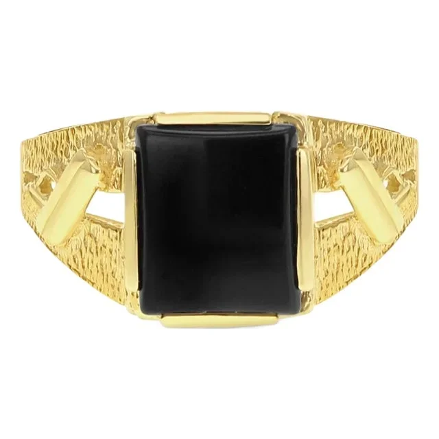 Men’s Square Onyx Ring with Gun Design on Band 14k Yellow Gold, Size 9