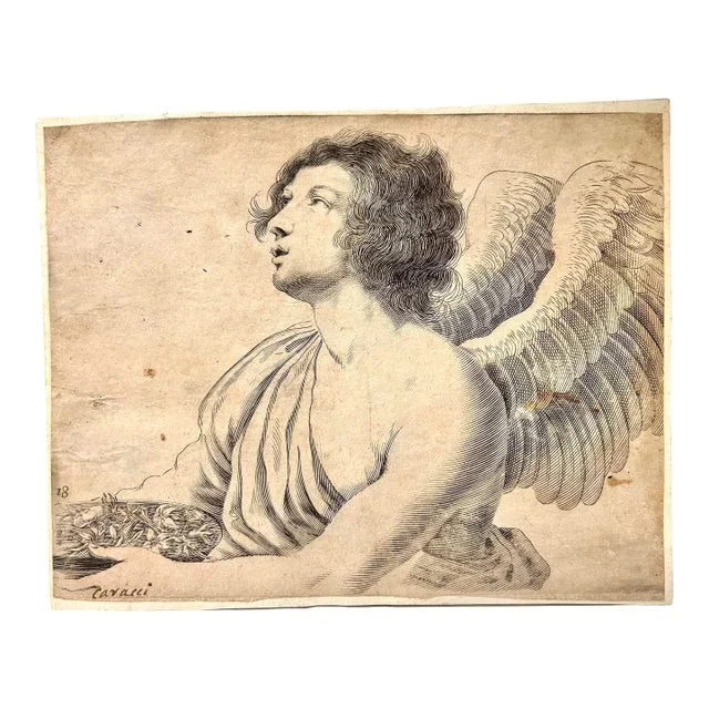 Mid 18th Century Antique Angel Engraving Signed Cavalli
